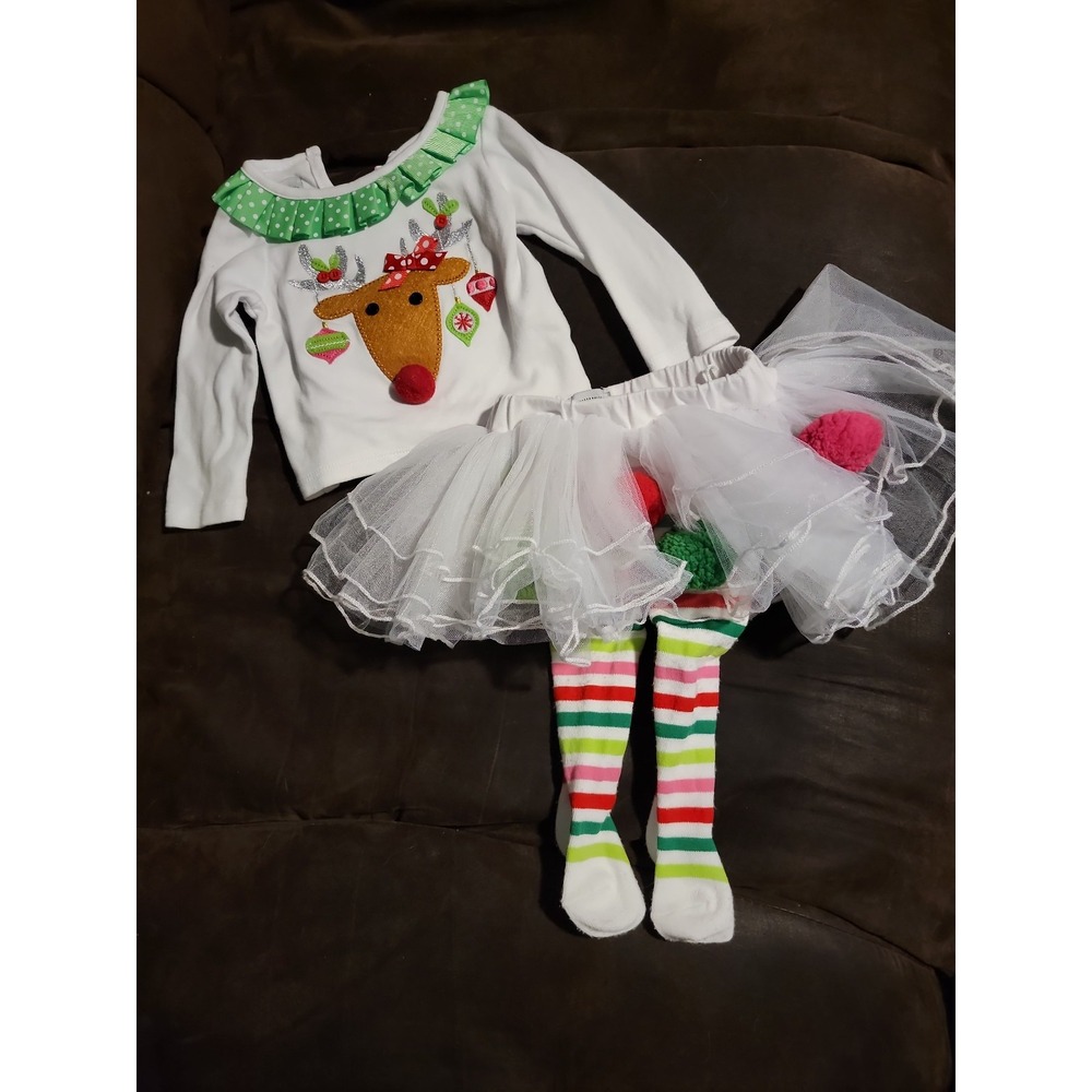 Mudpie Christmas holiday reindeer ornaments outfit top skirt with tights 6 9 mo